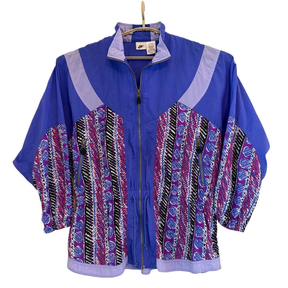 VTG Nike Elite Women Windbreaker Jacket Nylon Purple Abstract 90s Full Zip Large